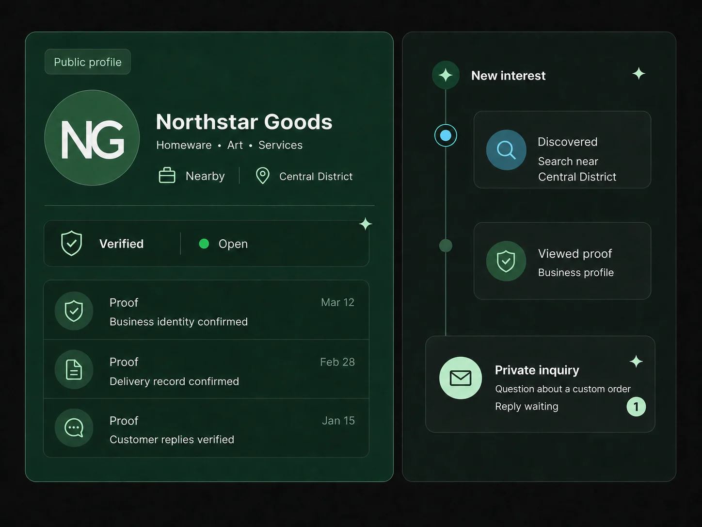 A public business profile connecting verified proof to a new private buyer inquiry